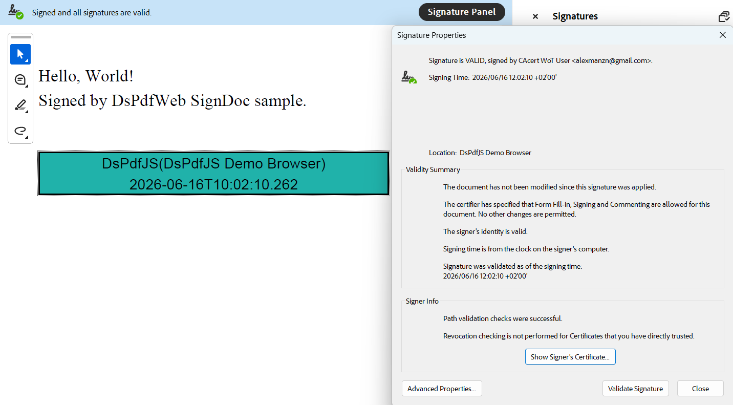 JS PDF API | Sign a PDF Using an X.509 Certificate Example