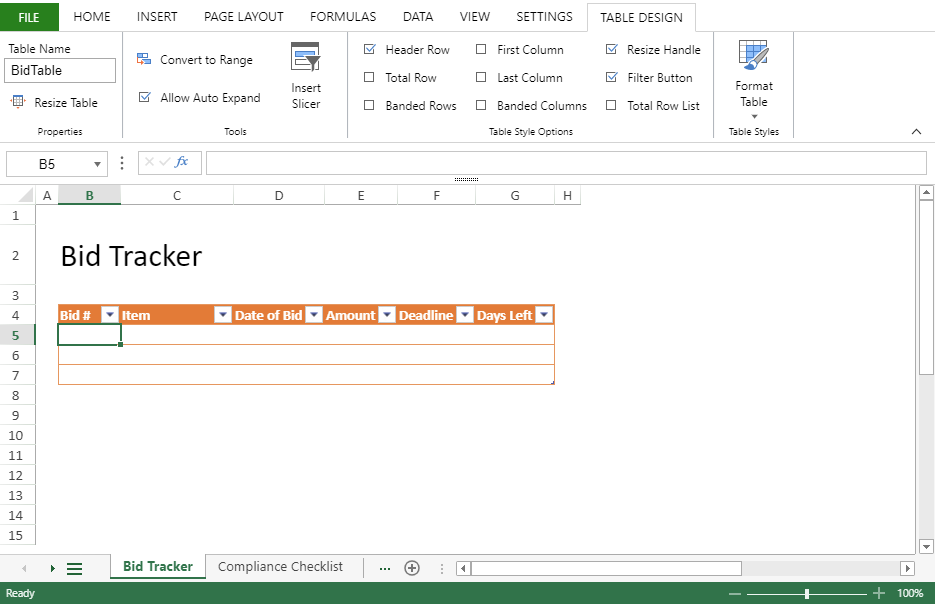 SpreadJS Excel 스프레드시트용 입찰 추적기