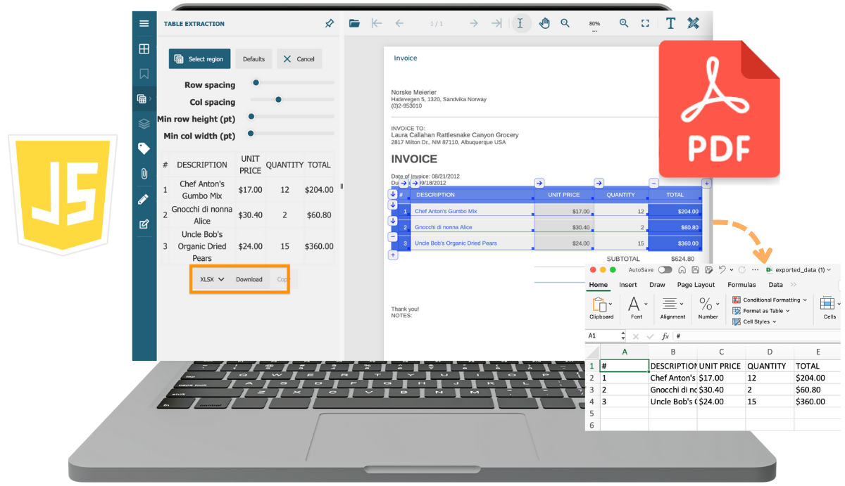 Extract PDF Tables to Excel using a JavaScript PDF Viewer