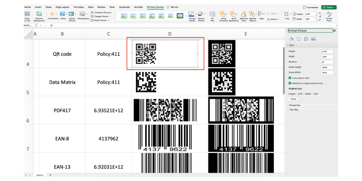 Export Barcodes as Pictures in Excel files using C#