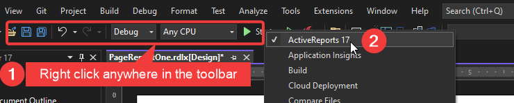 Select ActiveReports Designer toolbar