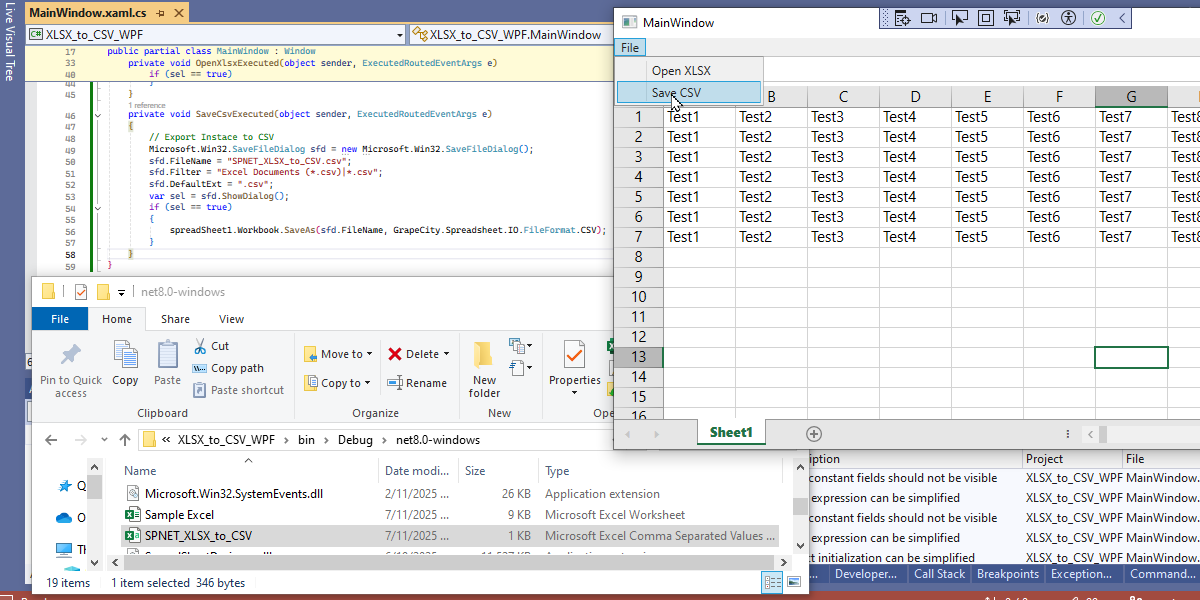 Export WPF Spreadsheet Data to CSV File using C#