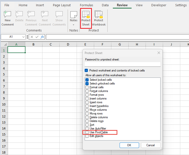 PivotTable ProtectSheet within a WinForms Spreadsheet Control