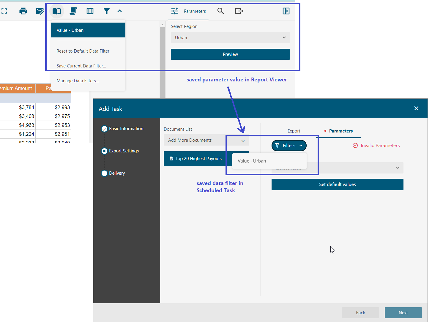 Saved Data Filters can be used with parameters of a Scheduled task