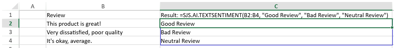 JavaScript Spreadsheet AI analyzing Reviews as Good, Bad or Neutral