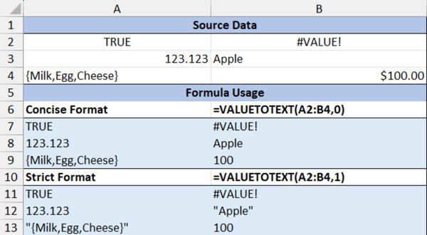 Excel Server-Side APIs New VALUETOTEXT Function Example – Convert Any Value to Its Text Representation