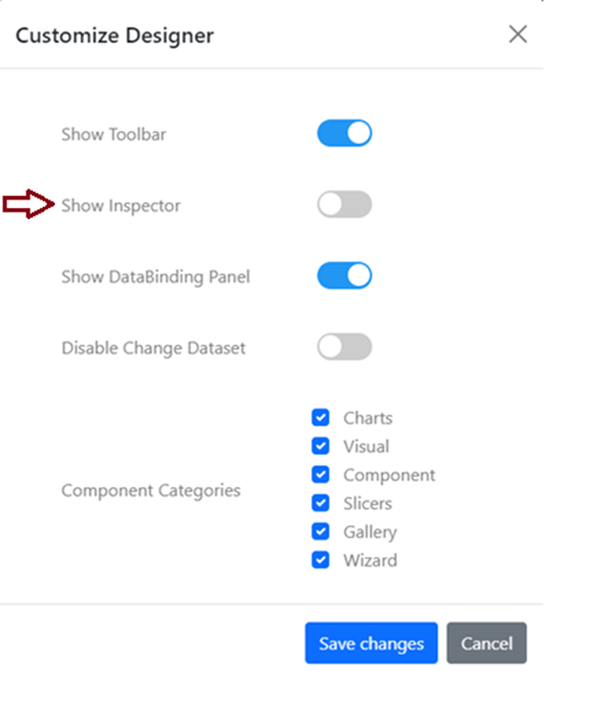 "showInspector" option on the Customize Designer
