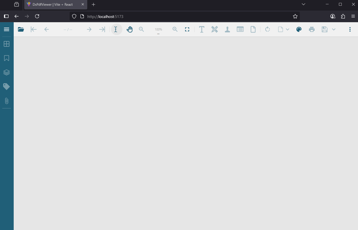 A React App  with an Empty PDF Viewer and Default Controls/Panels
