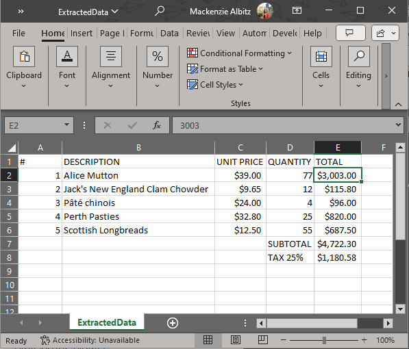 Extracted PDF Table Data in CSV File