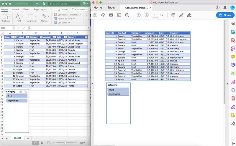 Conversion of Excel Spreadsheets having Slicers to PDF using GrapeCity Documents for Excel .NET v3.0