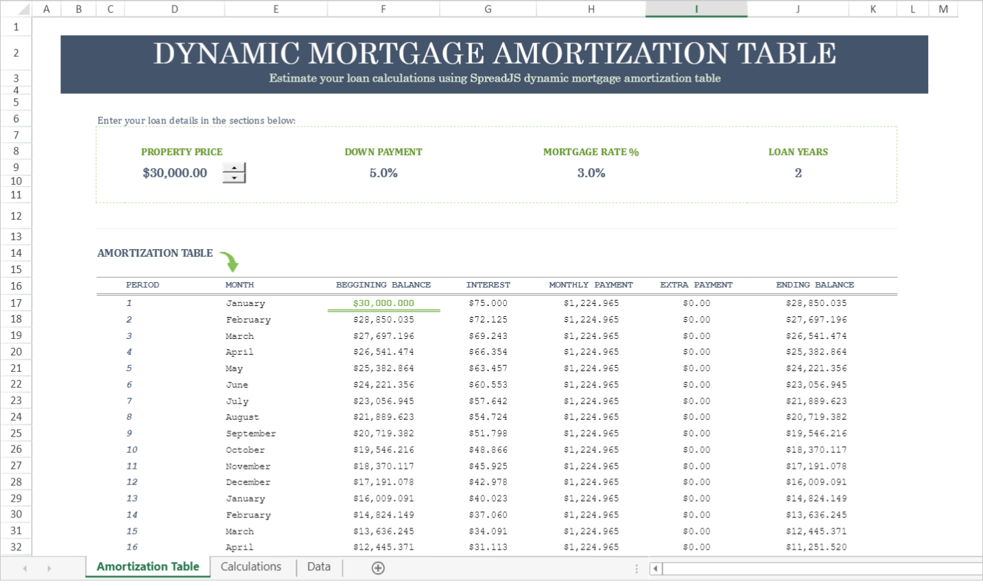 Dynamic Mortgage Amortization Table