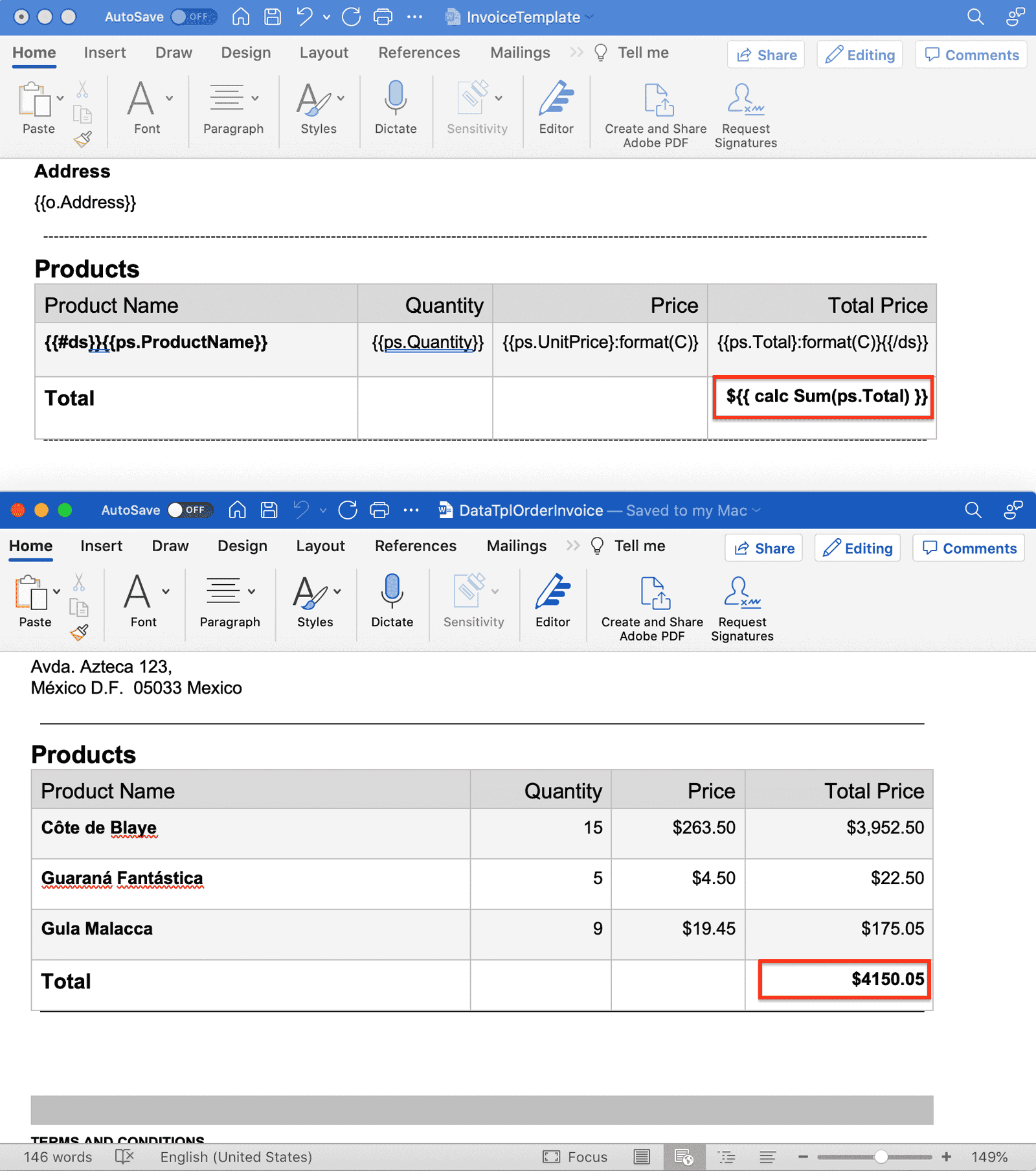 Add calculations to Word Templates