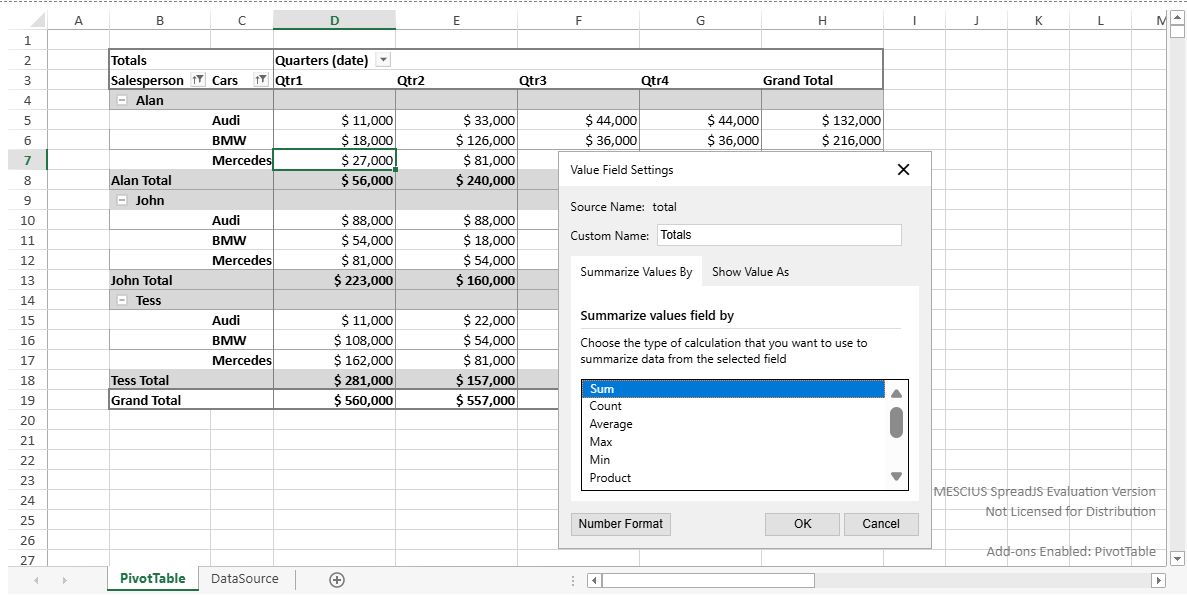 Value Field Settings in JS Pivot Table Applications