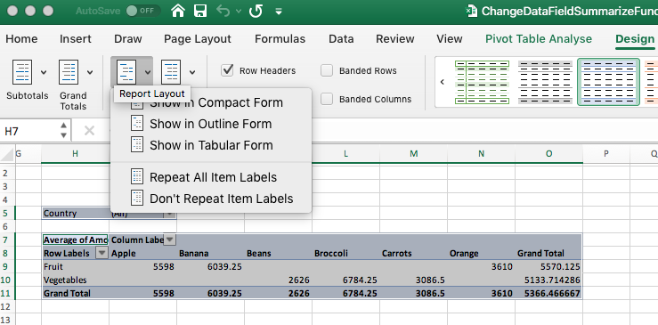 Report Layout in Pivot Tables using GrapeCity Documents for Excel .NET v3.0