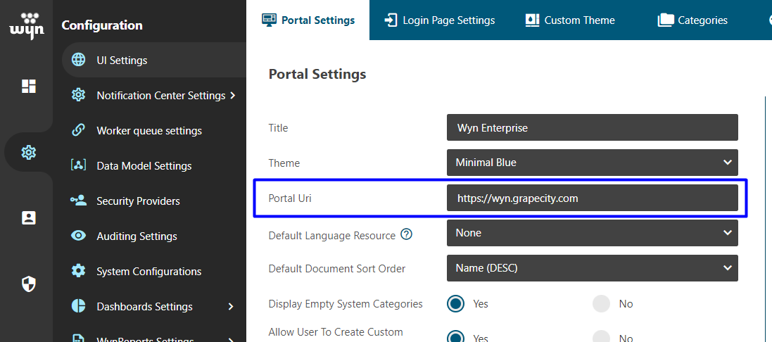 UI Settings tab on the Configuration page of the Admin Portal