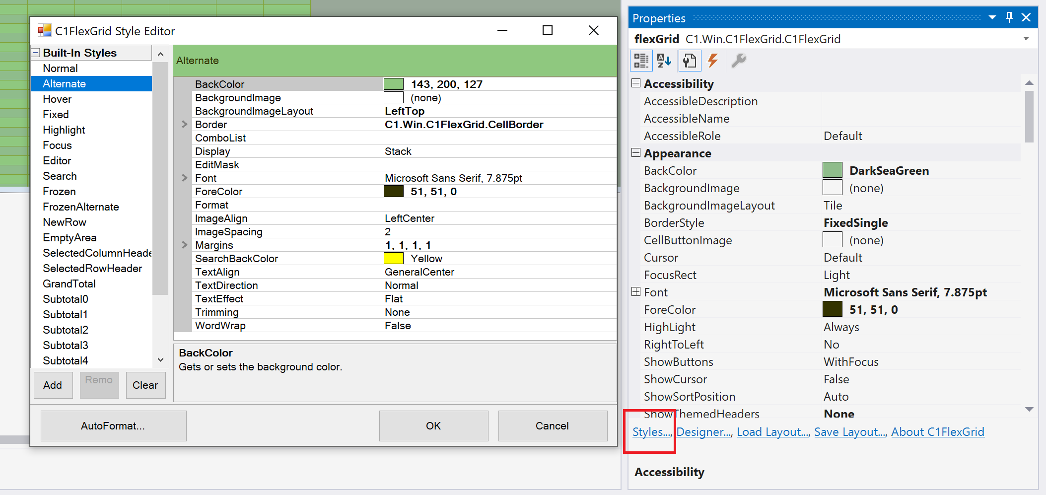 Winforms Flexgrid Cell Style Editor