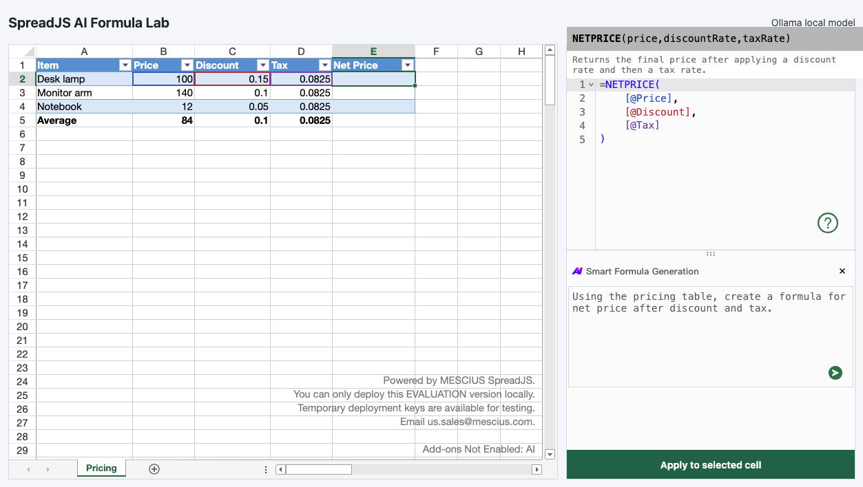 AI Assistant generating custom NETPRICE formula