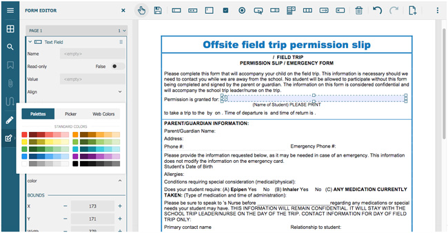 Form Fields Toolbar and Editor