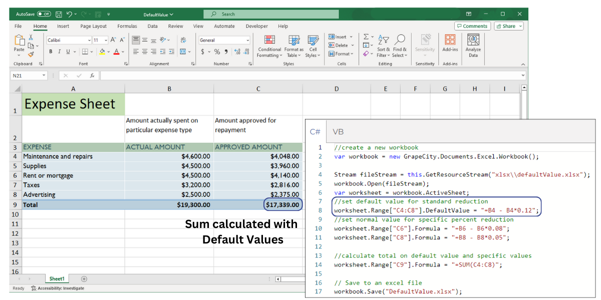 Specify Default value for cell in Excel files using C# or VB.NET