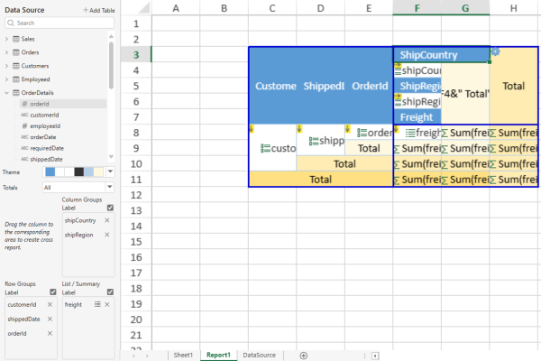 Display Total/Summary Headers in Container for JS XLSX Reports
