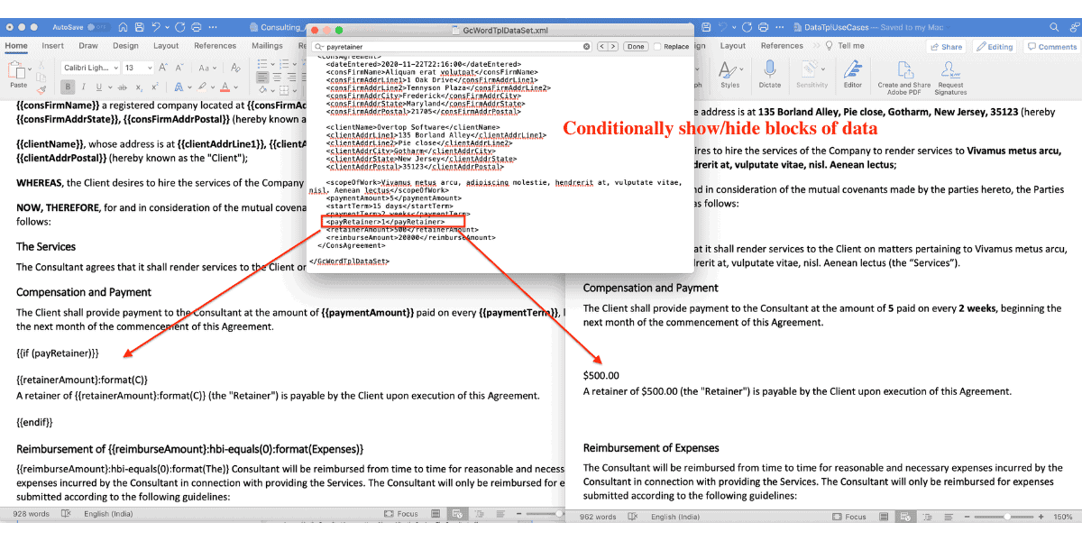 Conditionally show and hide blocks of data in a Word .docx template using a .NET Word API