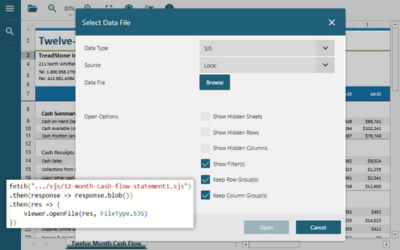 The JavaScript data file viewer, DsDataViewer, supports opening SpreadJS (.sjs and .ssjson) files