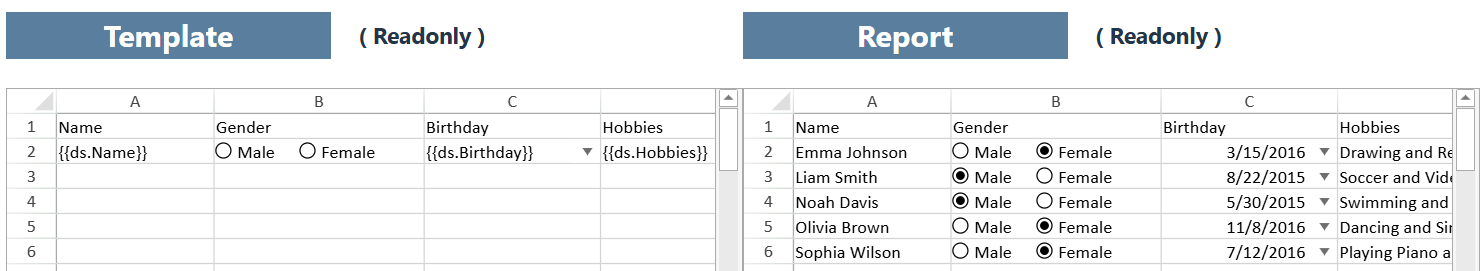 Expandable SpreadJS cell types and styles in template cells Example