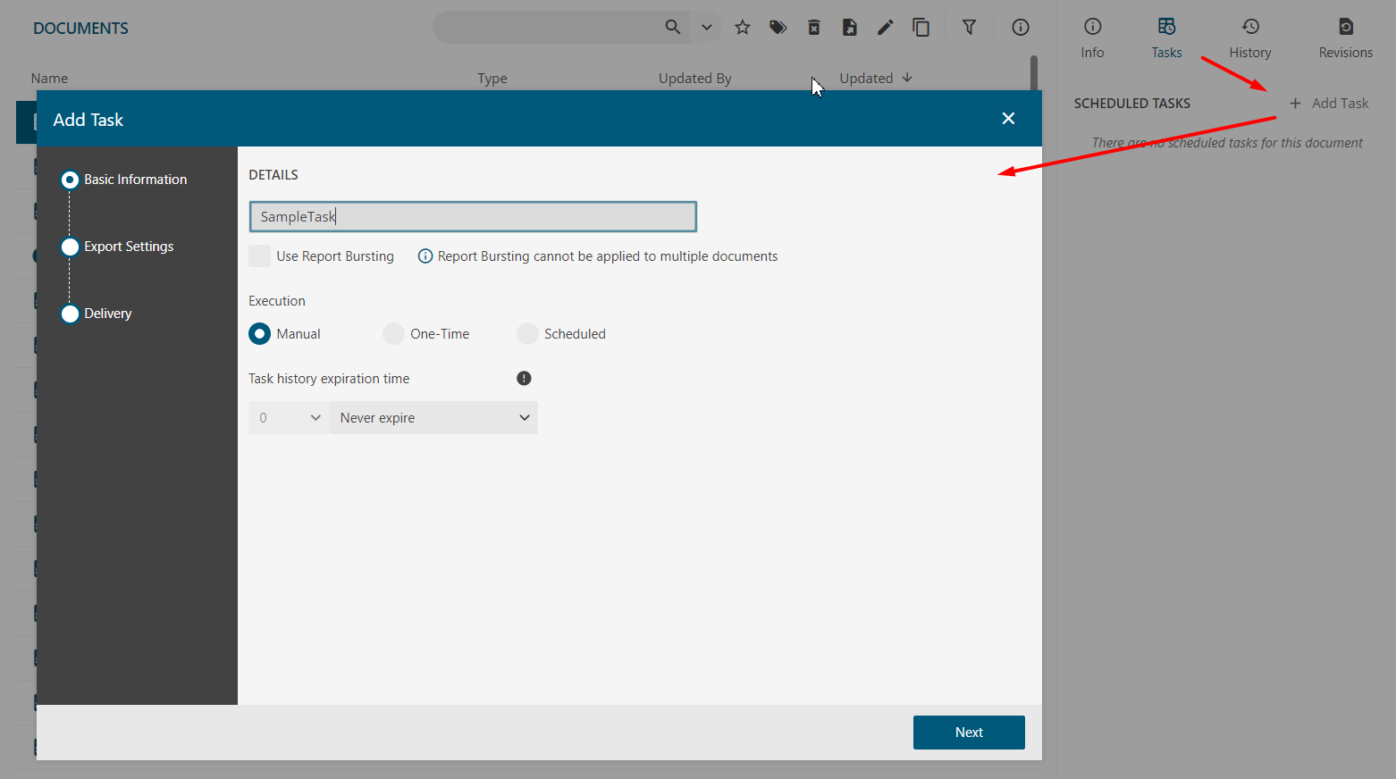 Scheduled tasks panel