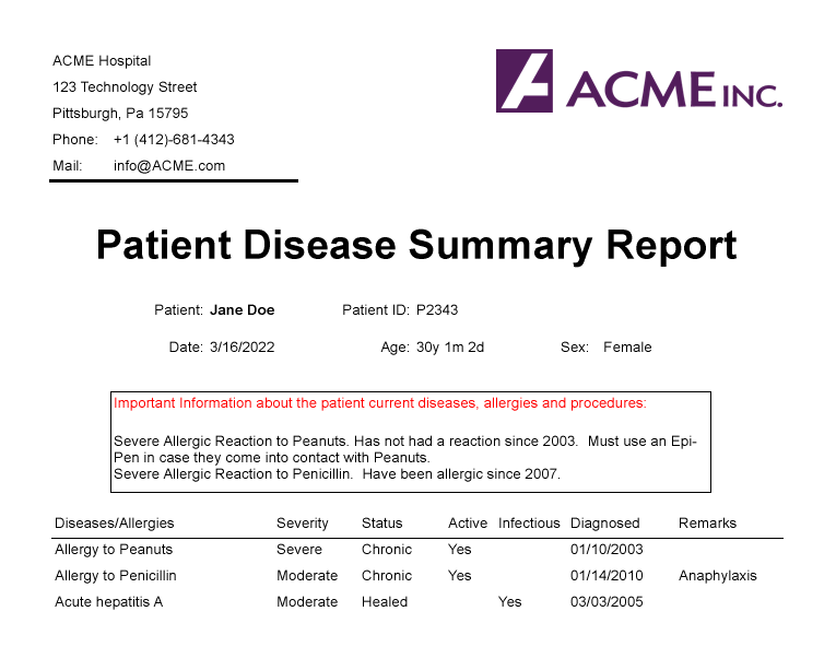 Patient Disease Summary Report