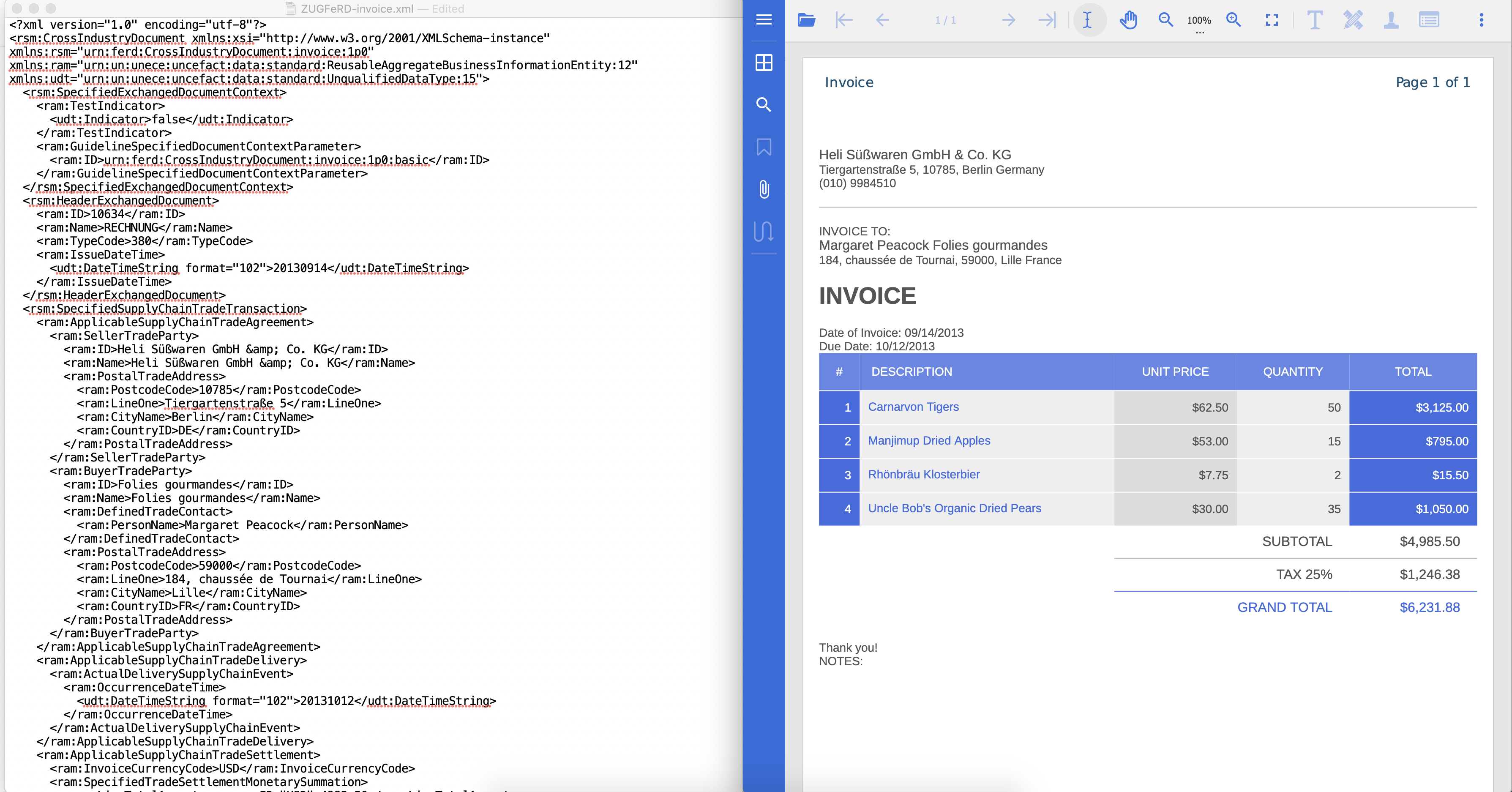 structured XML embedded in ZUGFeRD-compliant PDF