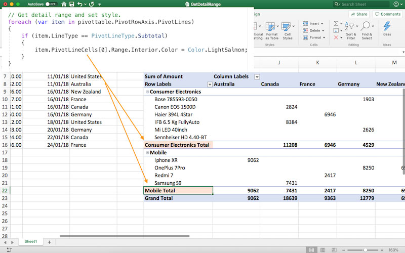 Access Detail Ranges in Pivot Tables using GrapeCity Documents for Excel .NET v3.2