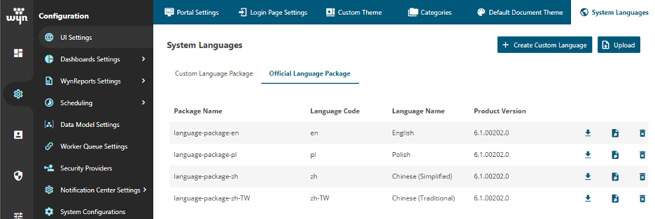 System Languages tab in WynDashboard 