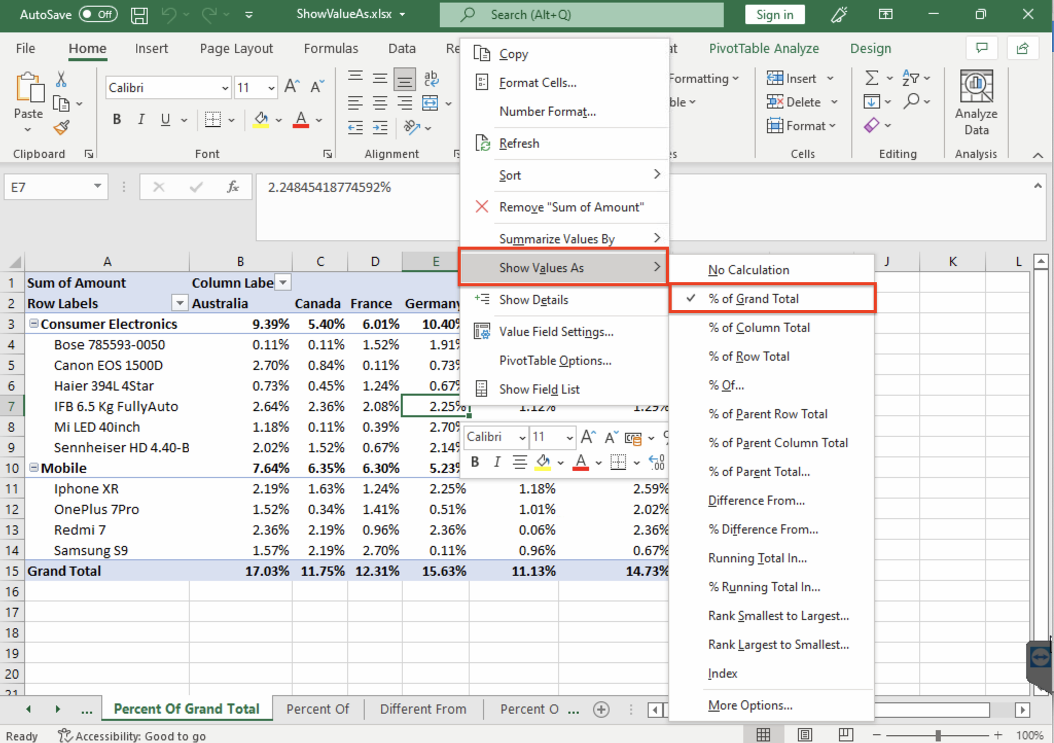 Specify 'ShowValuesAs' Option for 'Values' Field in Pivot Table using GrapeCity Documents for Excel .NET v5.1