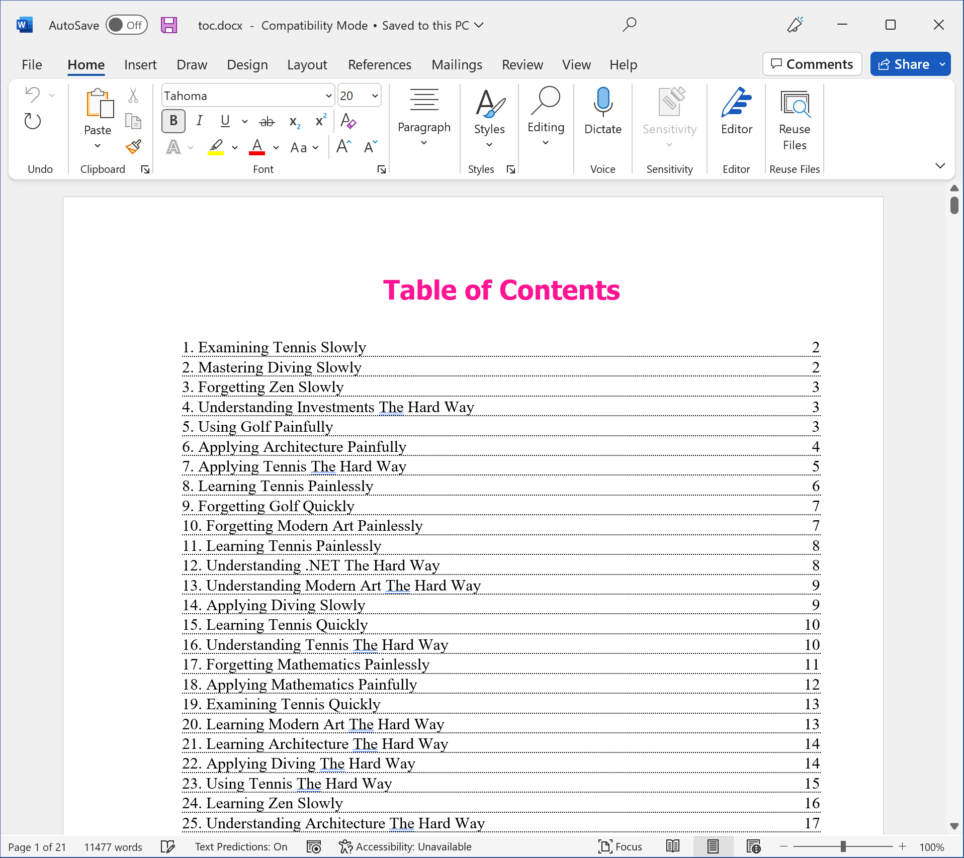 C1Word Table of Contents