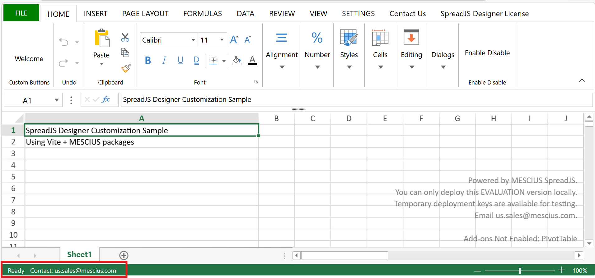 Adding a Custom Status Bar Item to a JS Spreadsheet Designer Ribbon