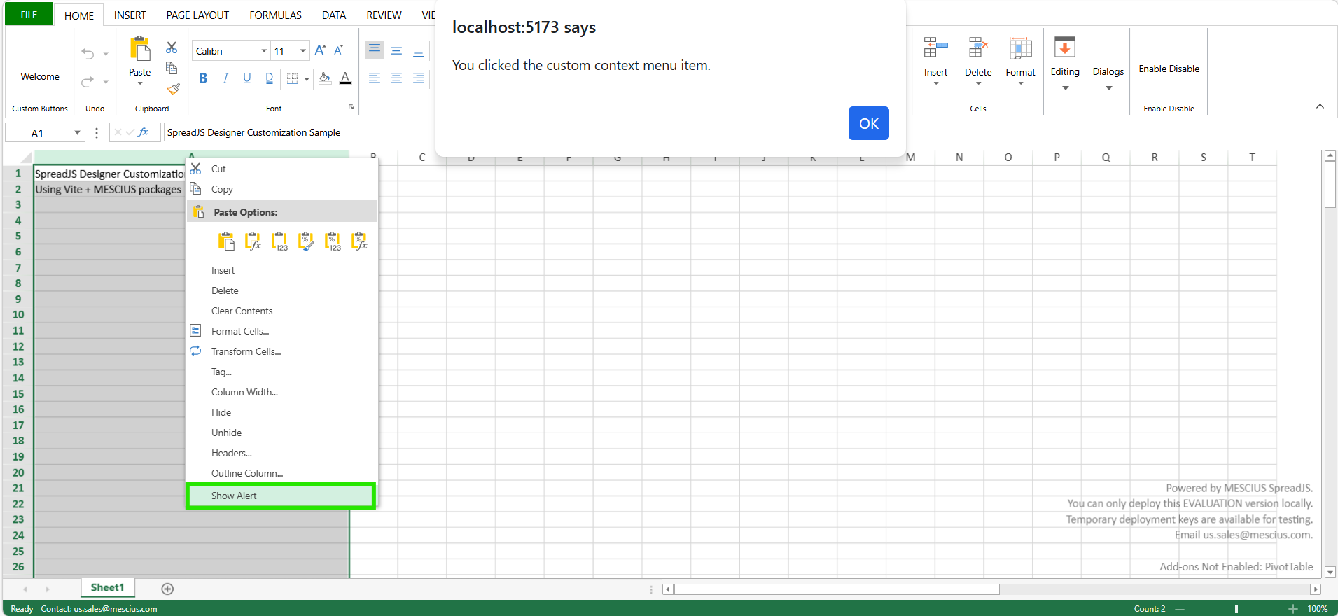 Add a Custom Context Menu Item to a JavaScript Spreadsheet Designer Application