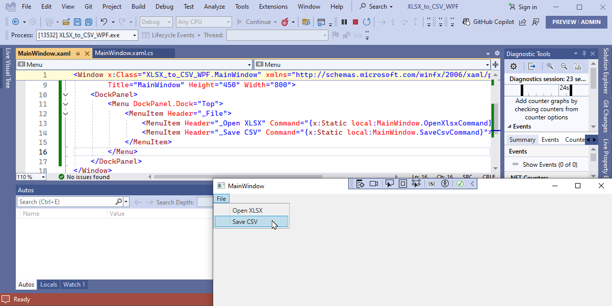 Menu Item in WPF Spreadsheet Application - Import XLSX and Export CSV