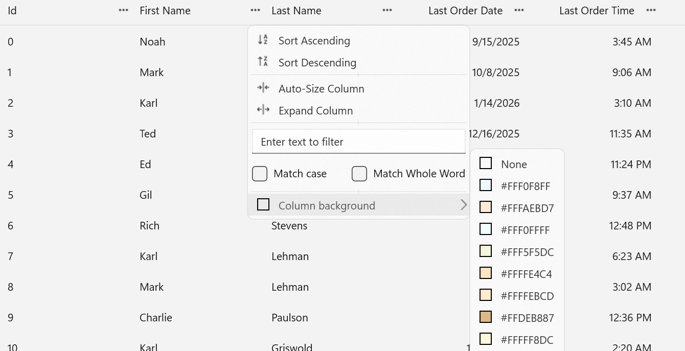 WinUI Datagrid Filter
