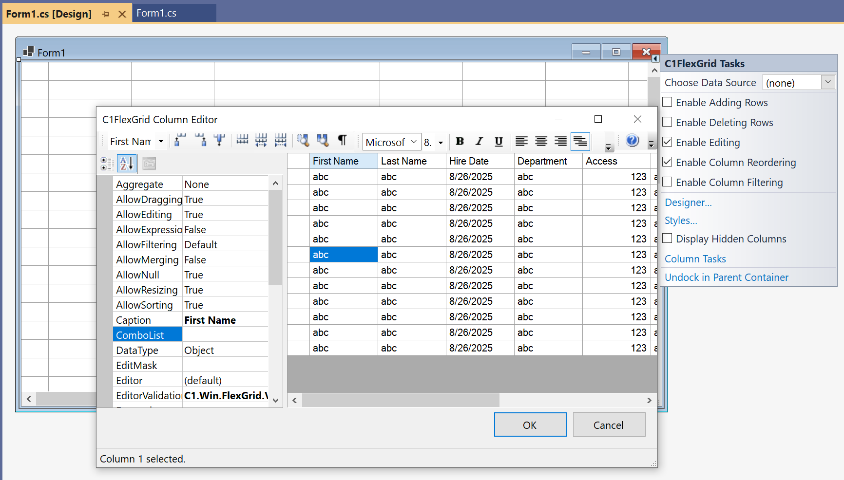 WinForms DataGrid Visual Studio Designer