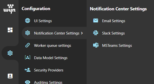 Notification Center Settings tab on the Configuration page of the Admin Portal