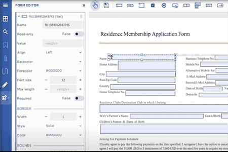 Enabled form editor panel within a JavaScript PDF Viewer