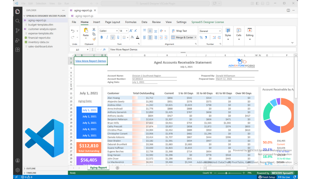 SpreadJS XLSX Editor extension in Visual Studio Code for editing Excel spreadsheets with ribbon UI