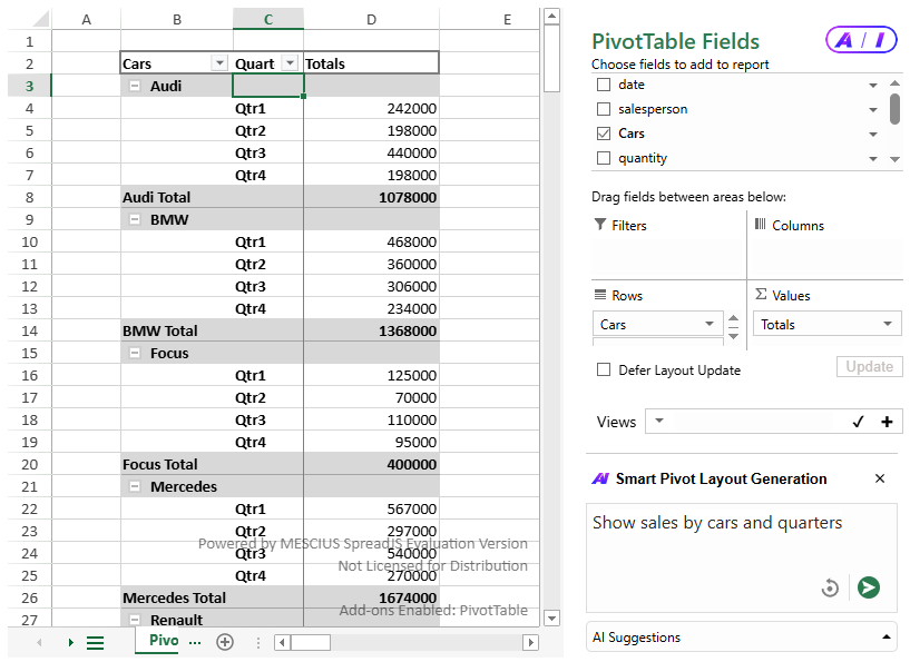 JavaScript Spreadsheet AI generated view for “Show sales by cars and quarters”