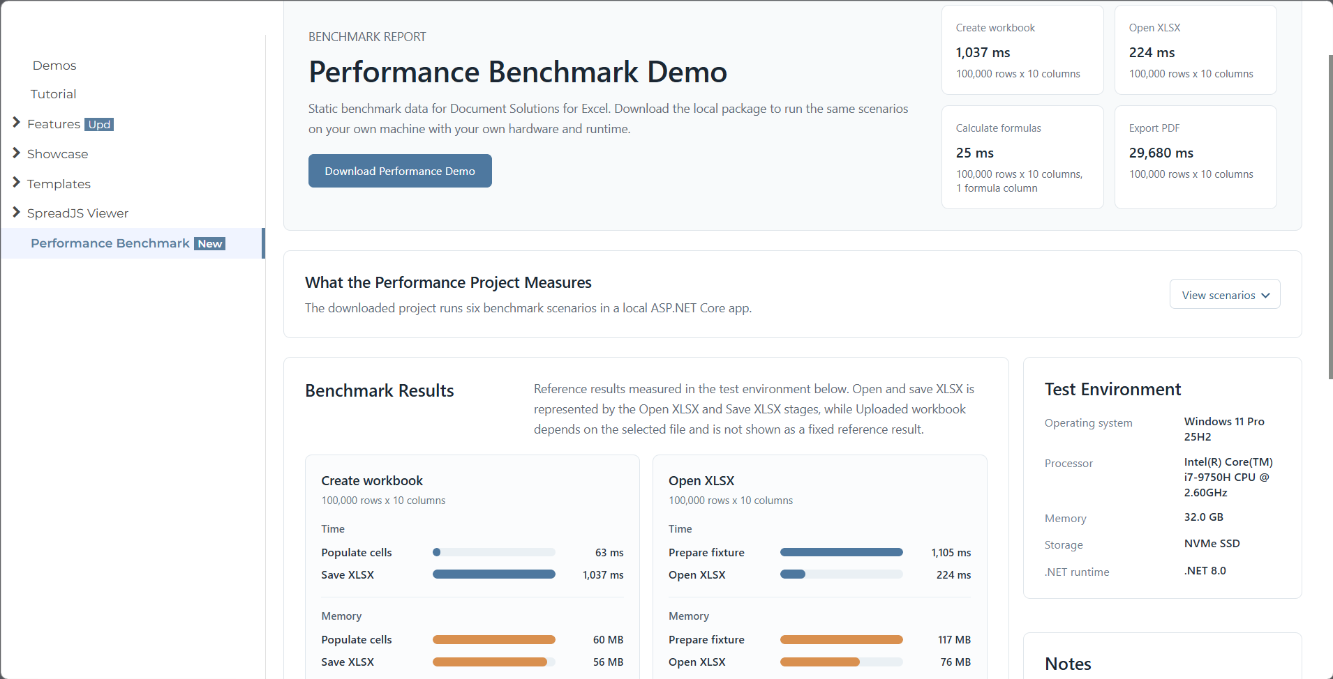 Excel API Library Performance Benchmark Demo Page and Local Package | Document Solutions for Excel | .NET and Java