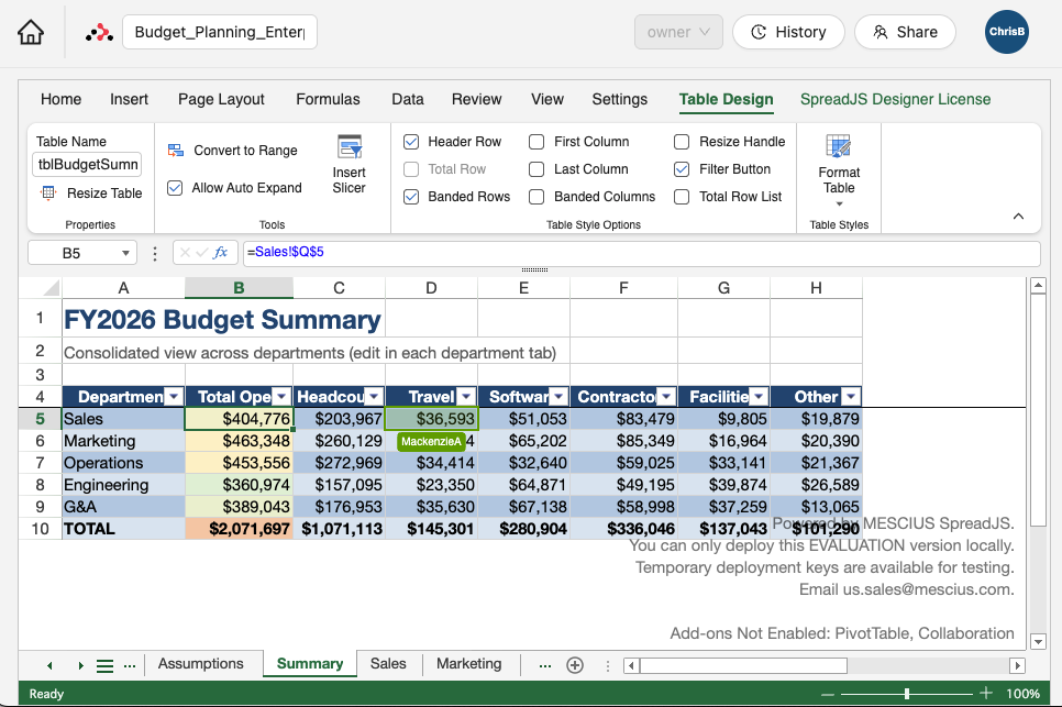Collaboration in Budget Planning Workbook using SpreadJS