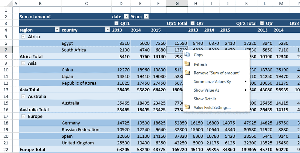 JavaScript Pivot Tables Context Menu