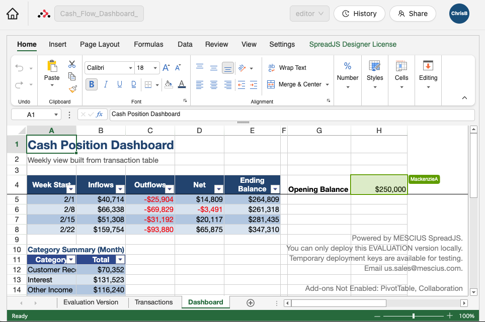 Collaboration in Cash Flow Workbook using SpreadJS