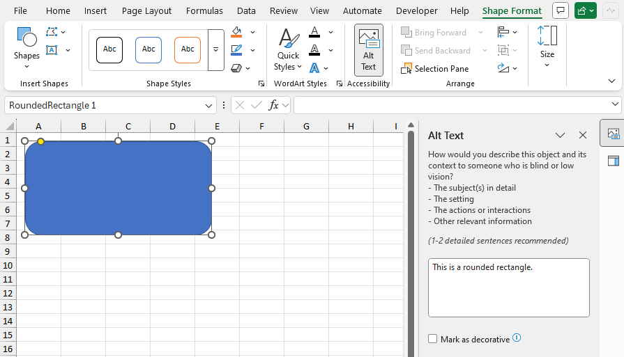 Programmatically Add Shape Alternative Text and Decorative Flag for Accessibility