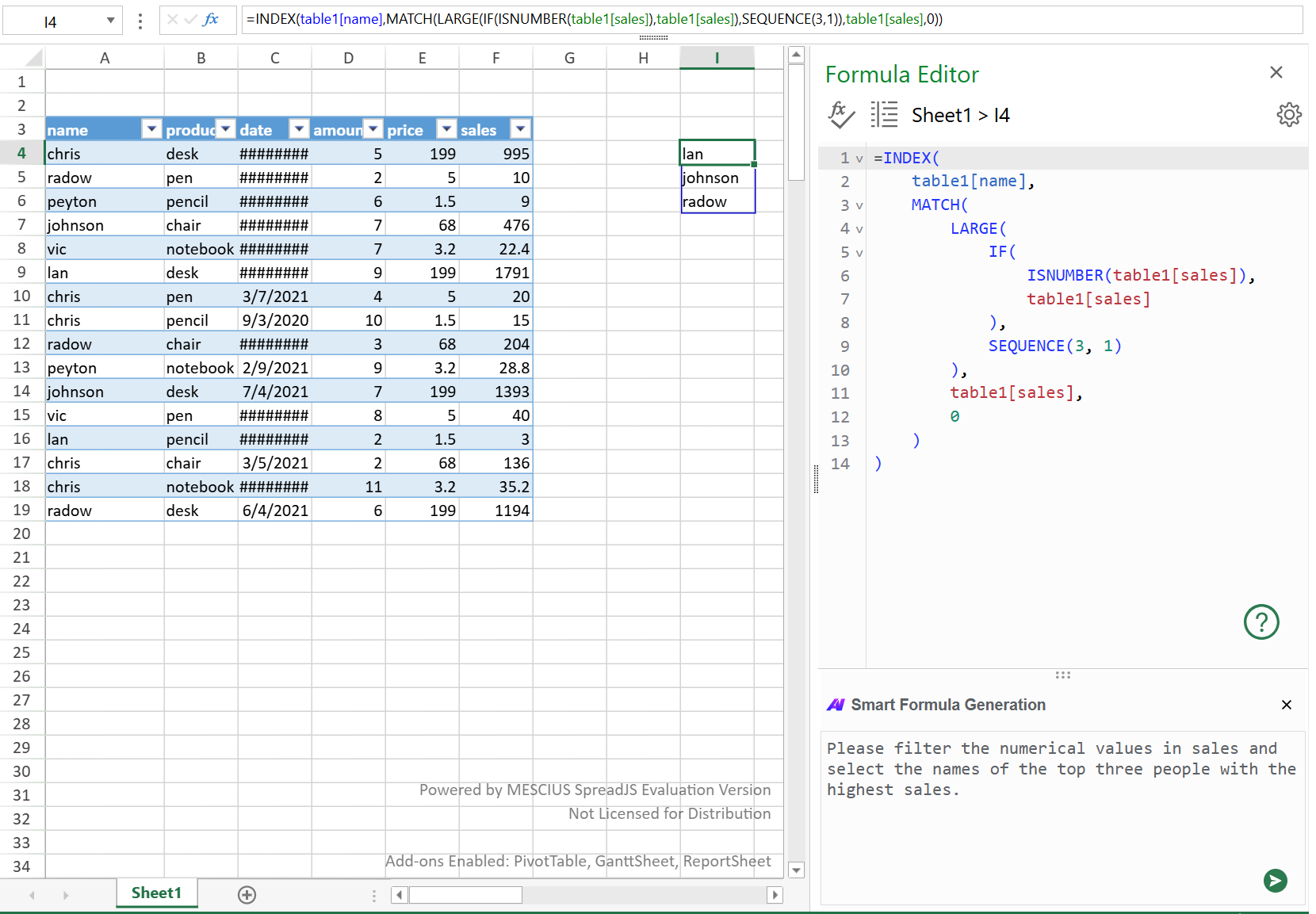 AI generated a formula to filter numeric values and select the top 3 salespeople