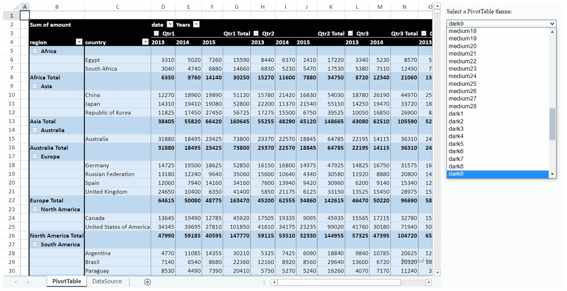 JavaScript Spreadsheet XLSX Pivot Table Themes